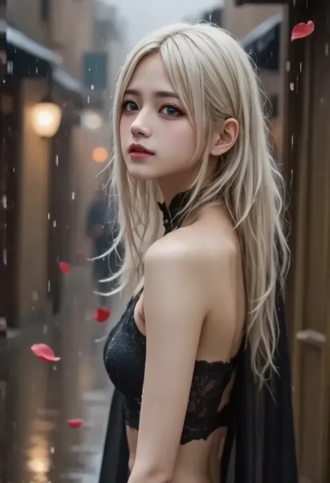 1 girl,Alone,1 girl,Alone,(( beautiful and detailed eyes )), (detailed light), full cinematic depth of field ,( white hair), silver eyes , hair over one eye ,(red flower ), Cabello Flor , long hair,black cape,wet,without emotions, looking back,Evening,star...