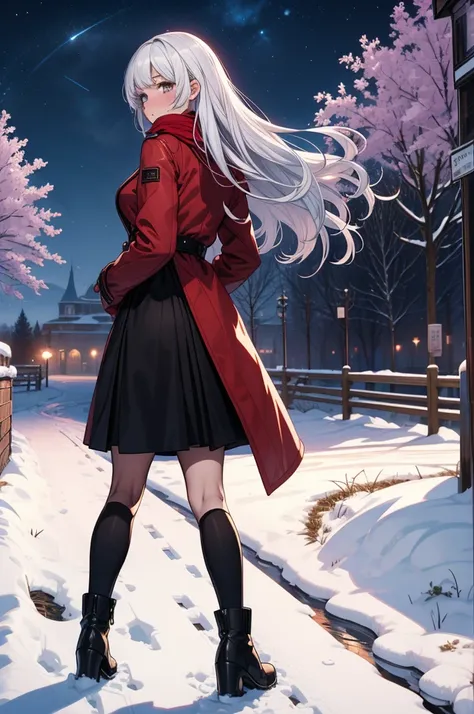 ((masterpiece, best quality:1.3, high detail)), beautiful woman, looking at viewer, long hair, (white hair), full-face blush, solo focus, one person, (red coat, white blouse, red scarf, (long black skirt)), pencil skirt, boots, outdoors, (night sky, snow),...