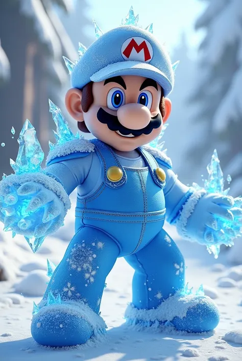 Mario with ice powers and the blue and white ice suit in 3D