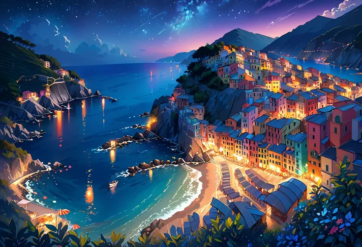 海を見下ろす崖の上の町の night view, Cinque Terre, Fantasy Italy, A dreamlike night, A city of pure colors,  EXTRAORDINARY COLORFUL SCENERY , Heaven on Earth, Colorful city,  night view,   Magical color and atmosphere ,  Cliff Side Town , Night color,  Amazingly Beaut...