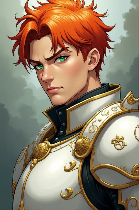 Male Character
Manga/Manhwa design
Orange Hair
Green Eyes
Wears white armor 
He is a Duke
Threatening Aura 
Handsome man 