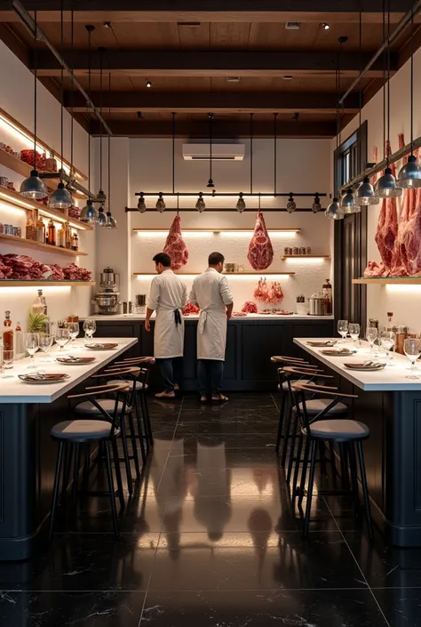  An elegant butcher shop with a sophisticated space, with glossy black porcelain tile floor ,  white walls , 10 round glass tables , a warm lighting,  with elegant butchery materials .