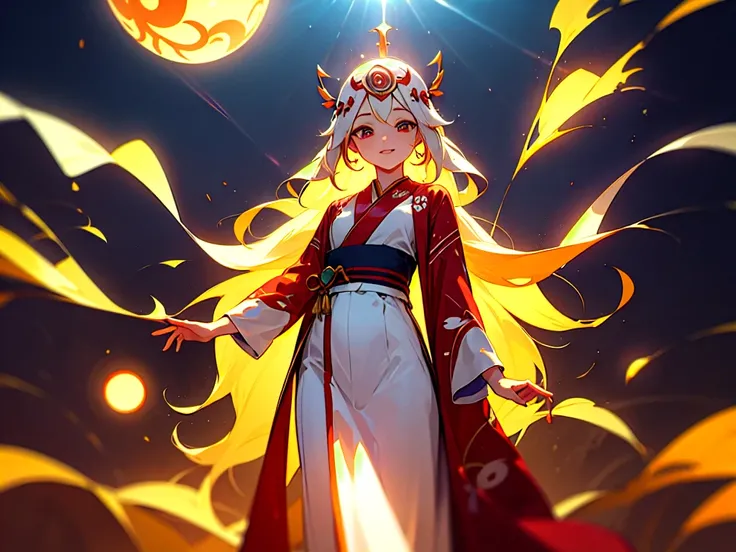  creates an image of Emperor Amaterasu 。She stands in the center 、 her golden hair shines in the background 。 Her outfit is a traditional red costume 、 The ornament she wears has a sun motif。On the head is a shining crown of light,  has a beautiful face wi...