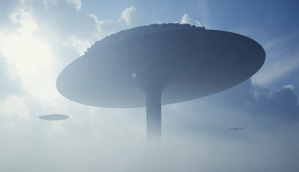 A huge umbrella-shaped UFO mothership, about 5km high, appeared above the clouds, with two flying saucers entering the craft