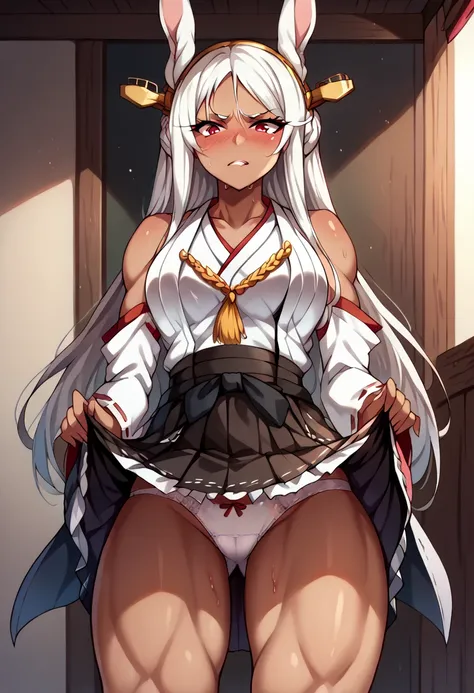  masterpiece,High resolution,Highest quality,8k, digital cel-shaded anime,anime screencap, anime coloring,intricate_details_xl,Embarrassing ,orgasm:1.2,(((skirt lift, lifted by self))),ultra detailed sexy Panties ,solo,detailed legs, (kancolle kongou cospl...