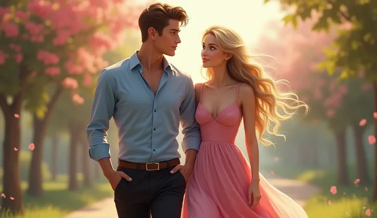  A 28-year-old man  ,  brown hair , And blue eyes, very attractive,  with blue shirt and black pants, and a 25-year-old woman, long-haired blonde ,  with blue eyes , very beautiful and attractive, wearing elegant pink dress ,  Walking Together .