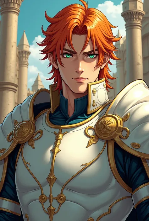 Male Character
Manga/Manhwa design
Orange Hair 
Green Eyes
Wears white armor 
He is a Duke
Threatening Aura 
Handsome man 