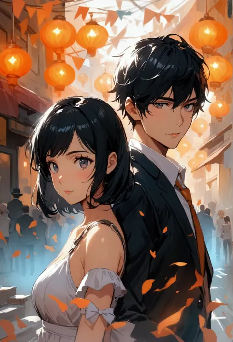 A cute anime black-haired man and woman in suits came to town together