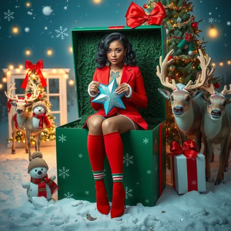 fantastic and ultra maxi-detailed image of a pretty woman with dark curly long tattooed skin sitting inside a huge open green gift box with red ribbon wears a red suit and socks with red and green stripes and carries a neon blue star with sparkles in her h...