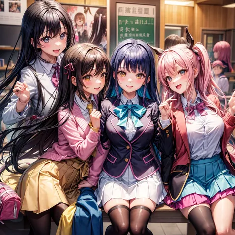 best quality，8k，classroom， pink cardigan，７ girls sitting in a mirror ，色とりどりなタイツを履いています。This is the background of Diamond School。smile，blazer，ribbon on uniform，mini skirt，high school girl，multiple girls are depicted， Leather Shorts ，Future Blazer ，Multicolo...