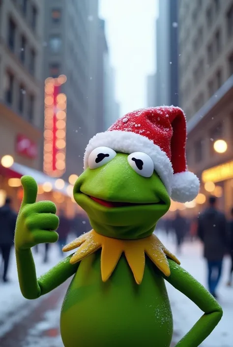 KERMIT IN SANTA CLAUS HAT WITH RIGHT THUMB UP STANDING ON FIFTH AVENUE IN NEW YORK WITH SNOW FALLING