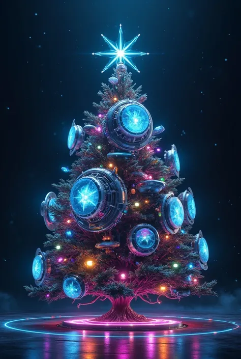 Sci-fi Christmas tree, machinery, holographic shield, octagram glowing blue particle, mechanical star on top of the tree, dramatic view, cinematic effect, colorful light