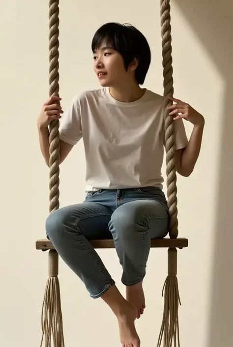 Woman with short hair on swing, foot-side view, bare feet, soles of feet, beautiful calves, wearing t-shirt&jeansa, sepia color image of Showa Palace