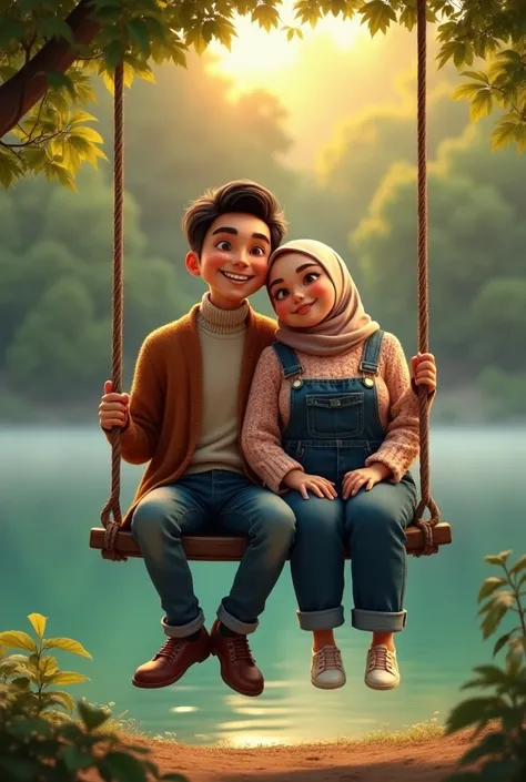 lakeside setting featuring a young couple sitting on a wooden swing. The man, in a cozy cardigan and turtleneck, smiles brightly while the chubby woman, wearing a hijab and floral-patterned top with overalls, leak affectionately against him. Lush trees sur...