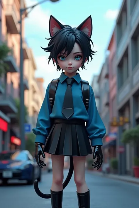   Boy in his early teens、vampire、Petite、  black hair、 split in the center 、Cat ears、Tail、  blue shirt、black tie、Shiny black gloves、スカート、 carry a shiny black elementary school backpack、 downtown、3d