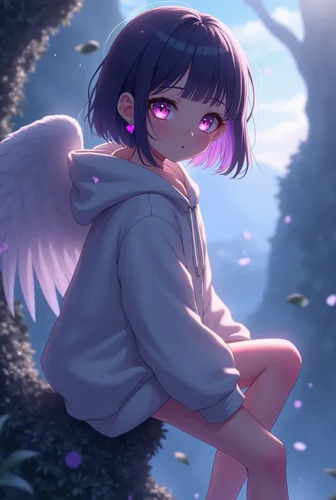  1 girl,  dark hair close to purple ,  short hair, bangs, straight, heart earrings ,V earrings ,  pink eyes, Round eyes,Overlooking,  anime style,  top quality, Artistic,  foot out of frame, Angel, hoodie