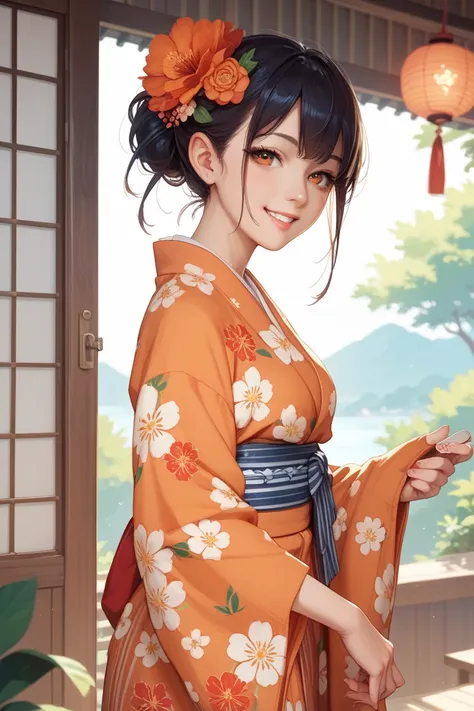  Japanese woman in her 20s　 beauty　smile　 HALF UP　orange floral yukata　Bow