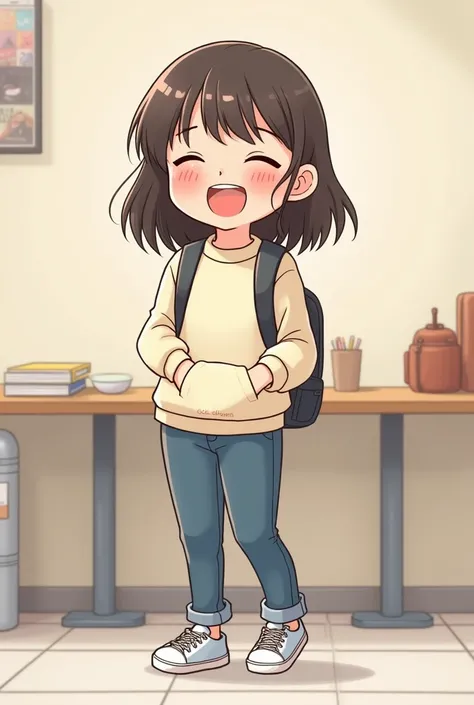 Draw a full body image ,chibi style,  Asian woman with slightly shoulder-length hair ,, wear a cream-colored sweater, jeans, There is a backpack pocket in front of the body., Laughing, Tears, Not wearing glasses ,  wearing sneakers , Slanted Side Stand 