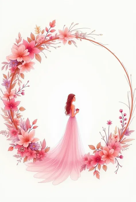 Wedding within a circular border surrounded by flowers
Pink line drawing of a girl in a dress 