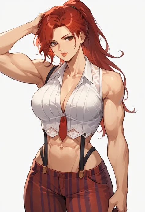  high,  Long-haired woman , long arms ,  long red hair in a ponytail, clothes mma ,  abs marked  