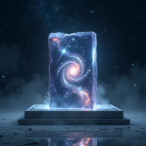 A mystical square stone ,  from the universe ,  placed on a platform. 