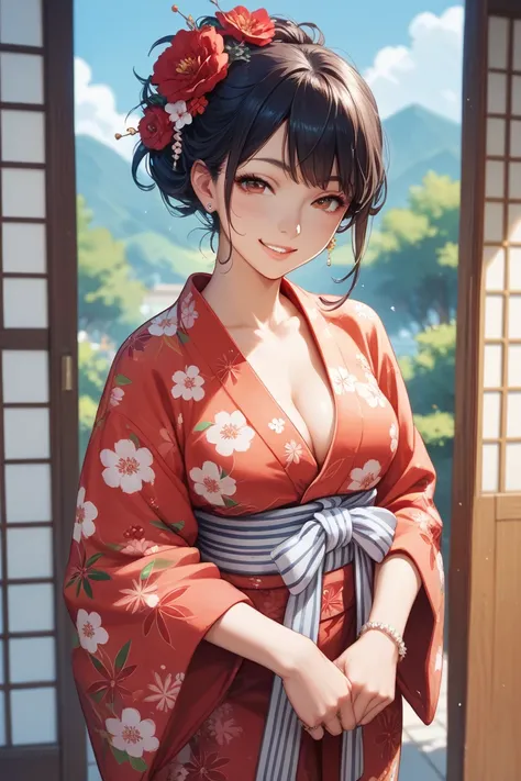  Japanese woman in her 20s　 beauty　smile　 HALF UP　red floral yukata 　 anxious face