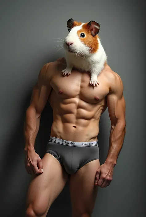 Handsome Guinea Guy, Photoshoot, Shirtless, Abs, Wearing Calvin Klein" Underwear, Detailed Face, Detailed, Detailed Skin, Highly Detailed, Ultra HD, Handsome Face, Standing, Grey wall as an background, Full Body, Short Hair

