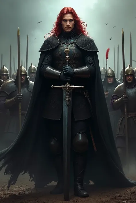 A tall, muscular, and handsome young emperor with long dark red hair and glowing blue eyes, wearing black medieval clothing holding a black long sword, leading his soldiers to war. Dark background 