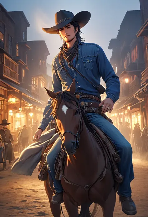 (  perfect anatomy ) handsome cowboy(cowboy hat ) horse riding in denim clothes ( dynamic angle)twilight on the street of an old west town (rich color levels)

                              wind and sand flowing in the air、intertwining foggy scene、 movie l...