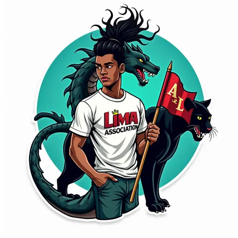 Create a logo with a dragon circling a young black man with long curly hair tied in a tall bun.  The person is wearing a t-shirt with the Lima Association written in a flashy font and Stylish. In one hand,  it holds a large flag with small tears at the tip...