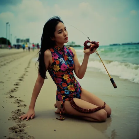  a woman fishing on the beach 。 I can catch 5 big octopuses 。 the legs of the octopus are entangled in the womans hips and legs、I dont really care 。 1 girl,  high definition , solo,  long hair,  look ,  Big Breasts ,  multi-view,  Blurred Background, 