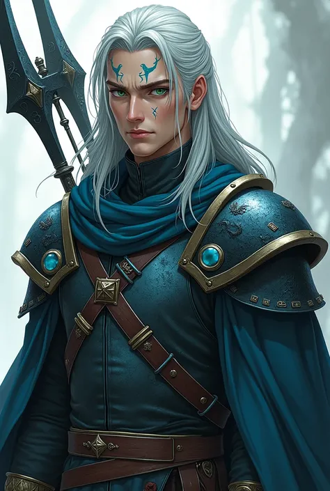 a ((man 1.80 tall)) (long silver hair) with (green eyes) with (a scar on his forehead in x) and (several runes on his body with a blue color but the most striking is one that resembles a dragon on your back) clothes (he wears a torn cloak and a jointed che...