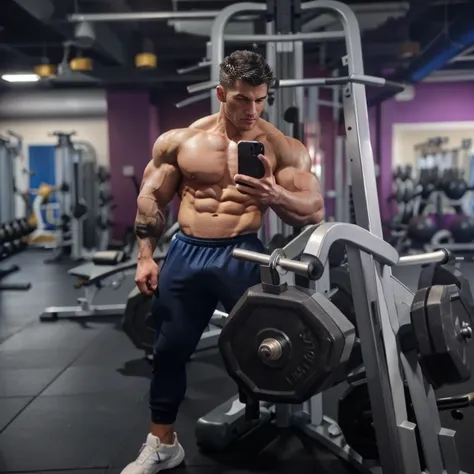 arafed man  in a gym with a phone taking a picture,  doing exercise,  fitness model ,  in a gym,  muscular build , scratched, with abs, crushed, exaggerated physique,  exaggerated muscular physiognomy , slender and  muscular build , cinematic body shot, ph...