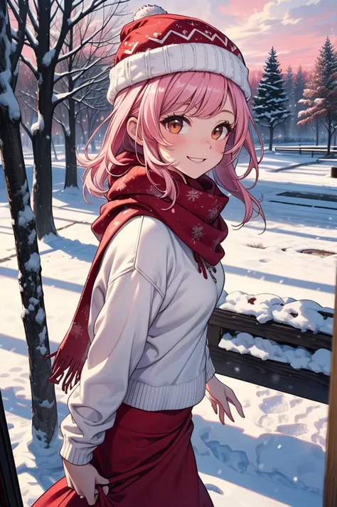 ((masterpiece, best quality:1.3, high detail)), beautiful woman dancing, smile, looking at viewer, long hair, (pink hair), solo focus, one person, (white sweater, (red winter hat and scarf), (((long red skirt))), outdoors, (cloudy sky, snow), park, tree, d...