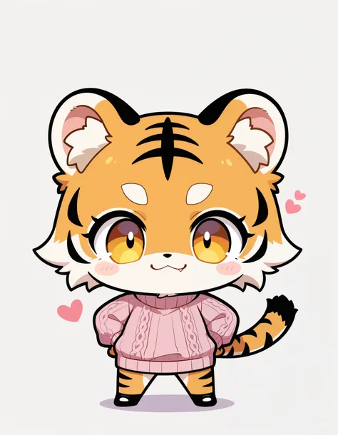 colorful, furry, heart, paw pose, simple background, smile, sweater, tail, tiger ears, tiger tail, black footwear, hands on own hips, :3, tiger girl, looking at viewer, white background, fang, chibi, animal ear, standing, animal ear fluff, masterpiece, bes...