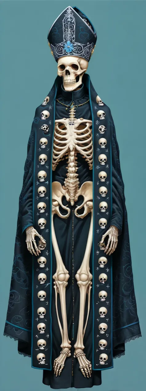  a close up of a skeleton  ( very elongated body )  dressed in a priests robe , ( with a pattern of tiny skulls on a tunic),  priest skull ,  papal hat ,  intricate skeletal decorations  (Detailed embroidery),  elaborate cult tunics ,  inspired by Francisc...