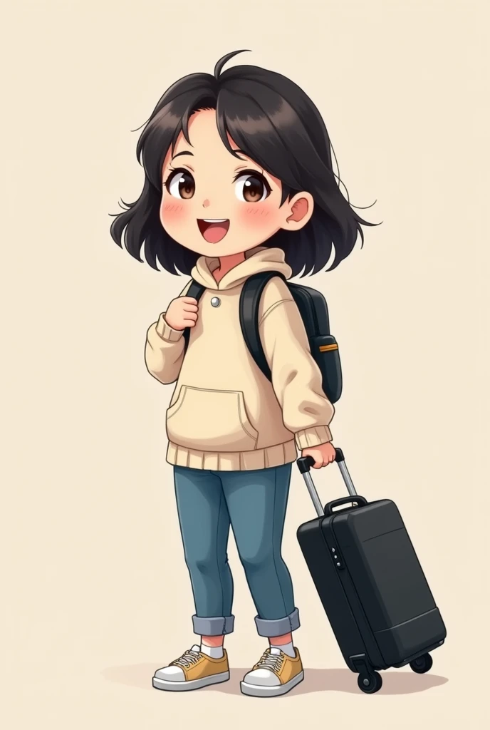 Draw a full body image ,chibi style,  Asian woman with slightly shoulder-length hair ,, wear a cream-colored sweater, jeans, There is a backpack pocket in front of the body., Smiling, Not wearing glasses ,  wearing sneakers , Slanted Side Stand ,Black Suit...