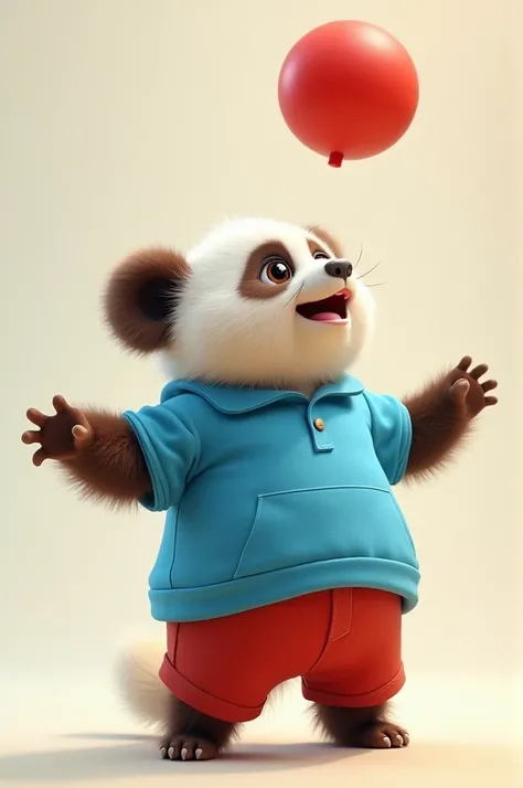 A wide-eyed, fluffy pandacub with a big blue shirt and red shorts, looking up in wonder at a bright red ball.