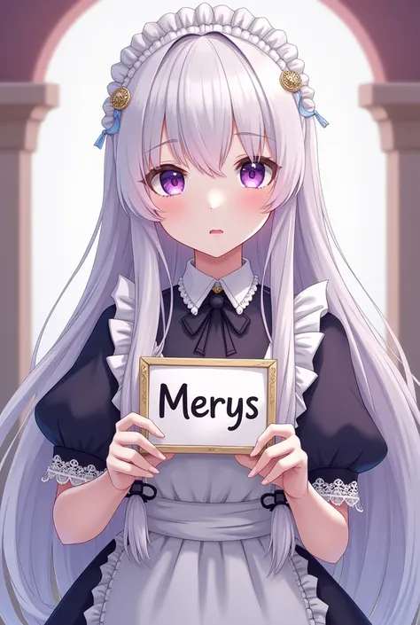 Fair-skinned girl, long white hair, violet eyes, dressed as a maid, with a sign in her hands that says "Merys", anime style