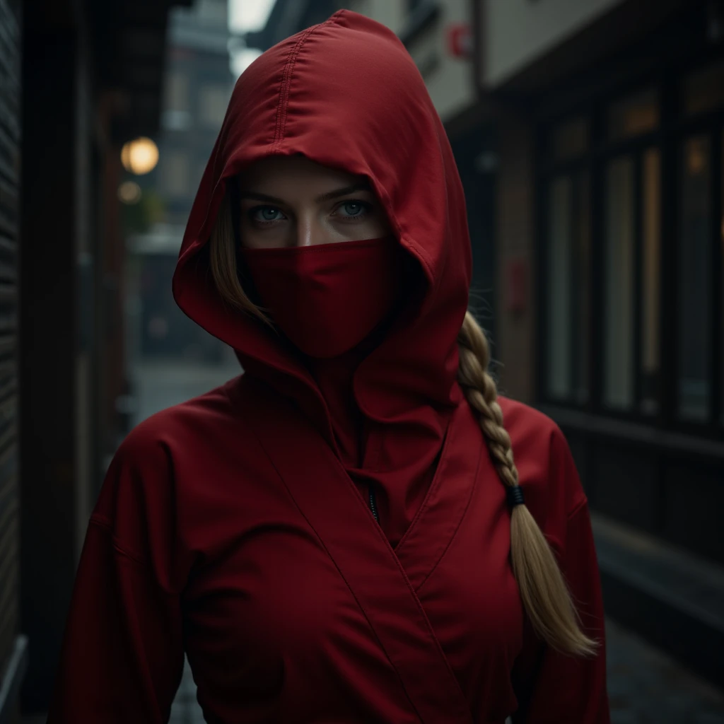  A woman with very fair skin, wearing a red ninja suit since it covers her head leaving only a blonde braid and blue eyes.