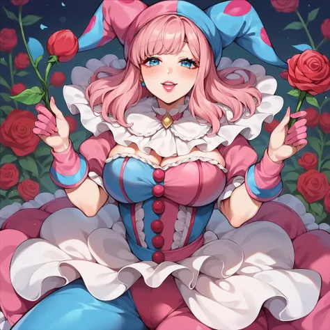 holding roses, circus, (masterpiece, best quality:1.2), 1girl, solo, pink lipstick, long pink hair, blue eyes, pink gloves, puffy sleeves, curvy, pink jester cap, bangs, expressive eyes, perfect face, anime style, 4K, best quality, anime art, natural beaut...