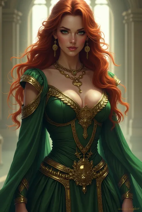 Princess with dark auburn hair and green eyes, curvy, fierce