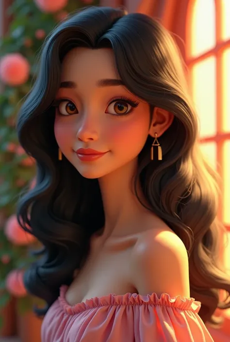 18-year-old brunette girl ,  wavy and long black hair, pele morena, robusta, smiling without showing teeth, no estilo cartoon 3d da disney