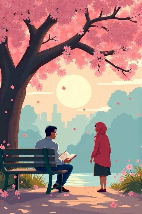 Alright ,  here is a story short about a man and a woman :

---

**Titel :  Meeting Under the Cherry Tree **

 In a peaceful garden ,  under the blossoming cherry tree , Rafiq  duduk di bangku,  read her favorite book .  Cherry leaves fall slowly ,  adds t...