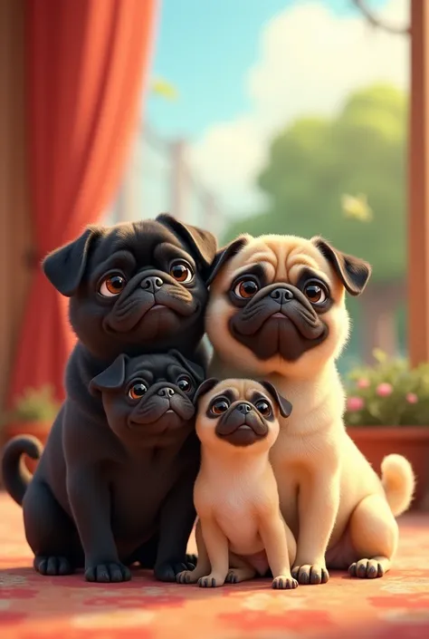 3 animated pugs , Two female black pugs,  a male abricot ,  father mother and daughter , Pixar movie poster template 