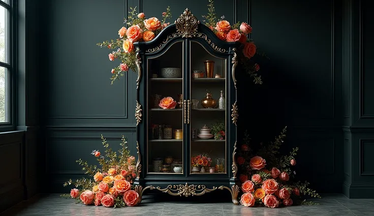 Momento Mori style photograph of a ostentatious cabinet with a glass front, decorated with flowers, gothic, dark