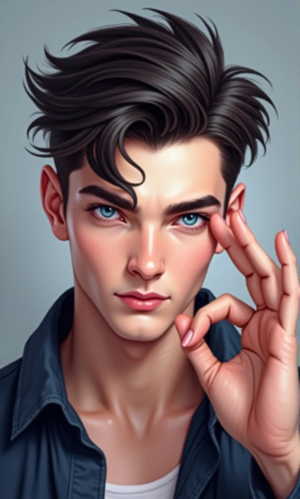 Thats a digital drawing or painting of a young man.  Heres a breakdown of the image: * **Subject:** The main focus is a handsome young man with striking features. He has dark, styled hair, pale skin, and intensely blue eyes. His expression is subtly alluri...