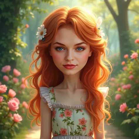 I want this red-haired girl with blue eyes in a park wearing a flower dress