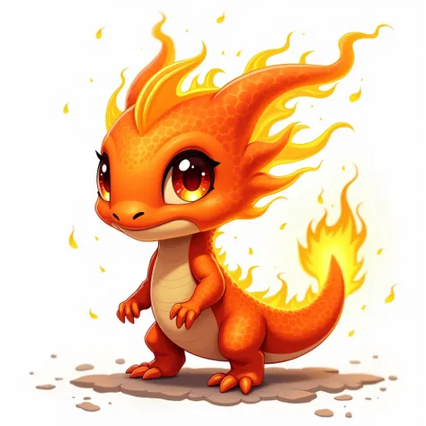 Fire Fairy、Salamander、cute、 has a white background、Im wearing an aura of fire、The body is covered in fire、 burning body 、scale、2D