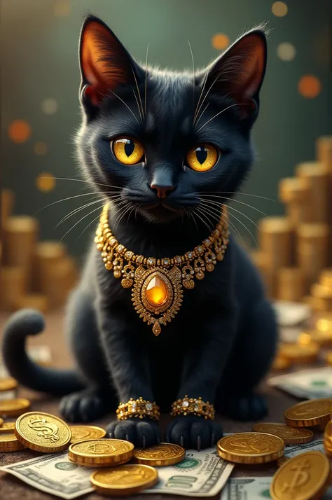 Black cat with jewelry and money 